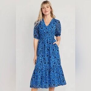 Old Navy Women's Blue Floral Midi Dress Smocked Waist V Neck Casual - L EUC